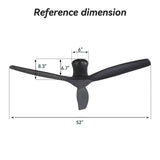 52" Ceiling Fan, No Light Flush Mount Low Profile 3 Blades With Remote Control