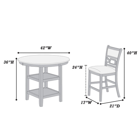 5 Piece Counter Height Dining Set With Storage Shelves Round Table And Upholstered High Chairs - Gray