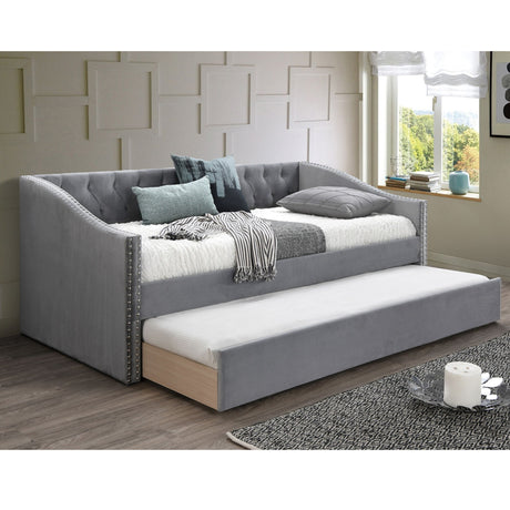 Daybed With Button Tufted Nailhead Trim And Trundle Slat Storage - Gray