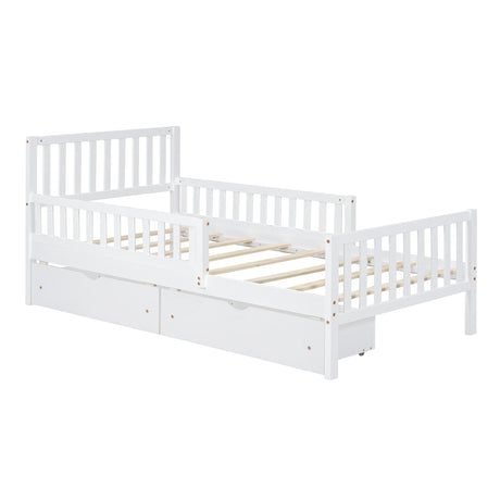 Platform Bed With Guardrails On Both Sides And 2 Storage Drawers