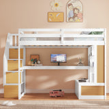 Full Size Loft Bed With Desk And Shelves, 2 Built In Drawers, Storage Staircase - Natural / White
