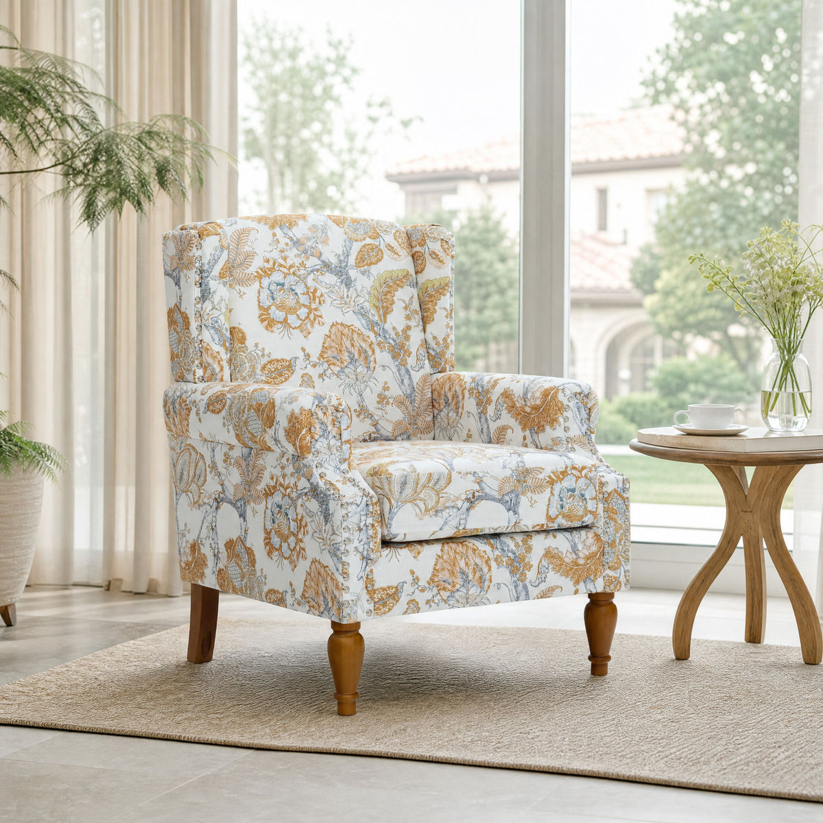 Accent Chair With Floral Upholstery And Nailhead Trim