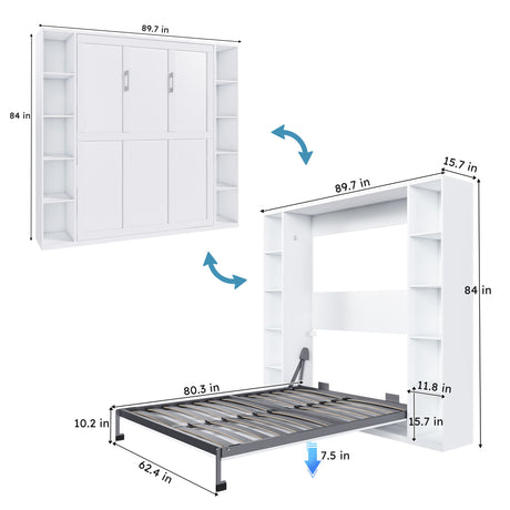 Queen Murphy Bed With Storage Cabinet, Foldable Wall Bed For Bedrooms - White