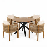 5 Piece Outdoor Dining Set With Round Table And 4 Wrapped Chairs - Black / Brown / Teak