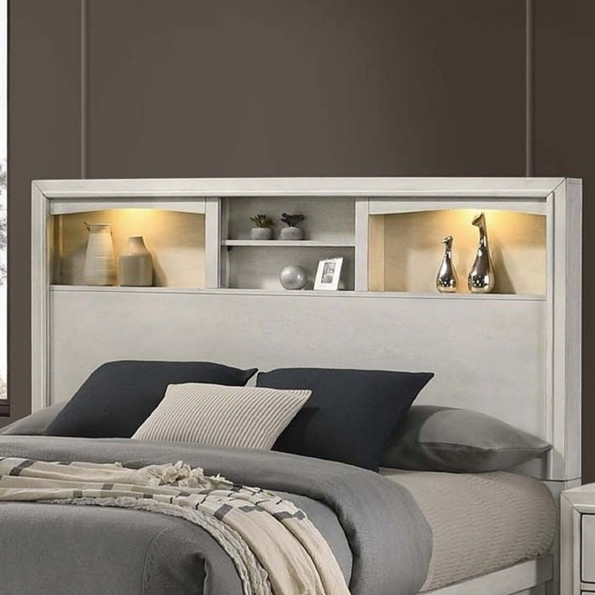 Bed With Built In LED Lights And Open Shelves
