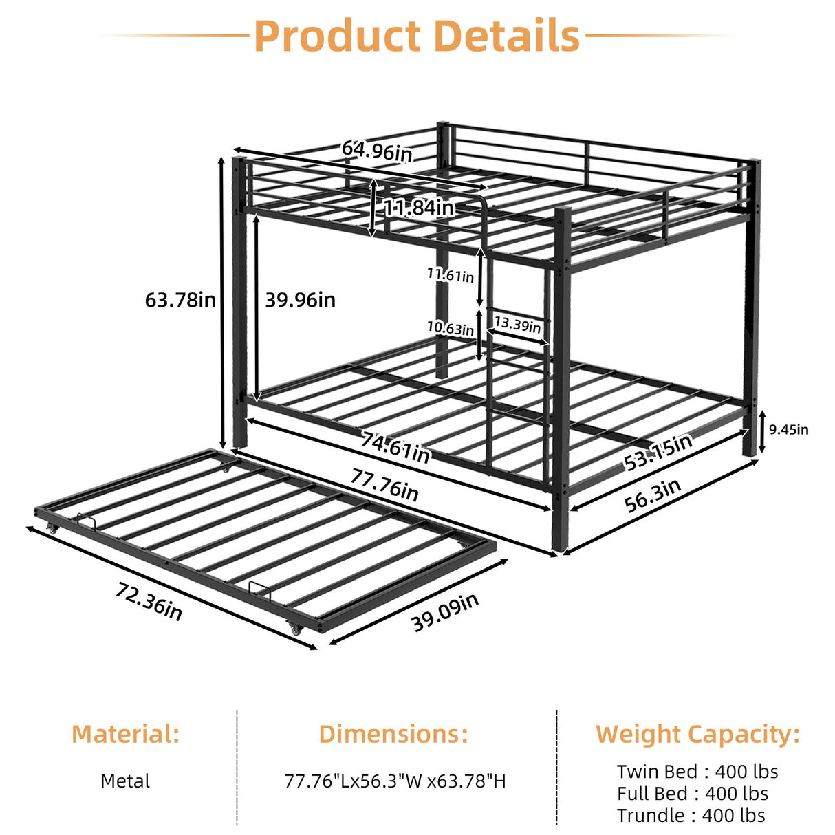 Bunk Bed For Kids, Convertible Frame With Ladders & Guardrail