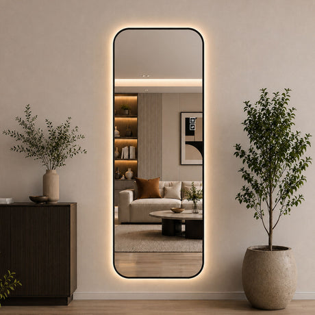 Oversized Backlit LED Full Length Mirror With 3 Color Temperatures, Wall Mounted For Bedroom - Black