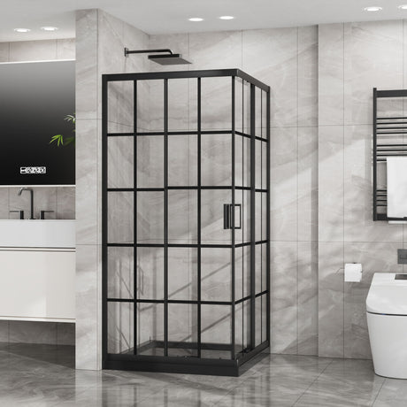 Corner Shower Enclosure, Double Sliding Door, Base - Matte Black