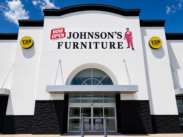 Front exterior of a Johnson's Furniture store under a blue sky, with a large white facade, black trim, glass entrance, and yellow circular YES! Brands logos on both sides of the sign.